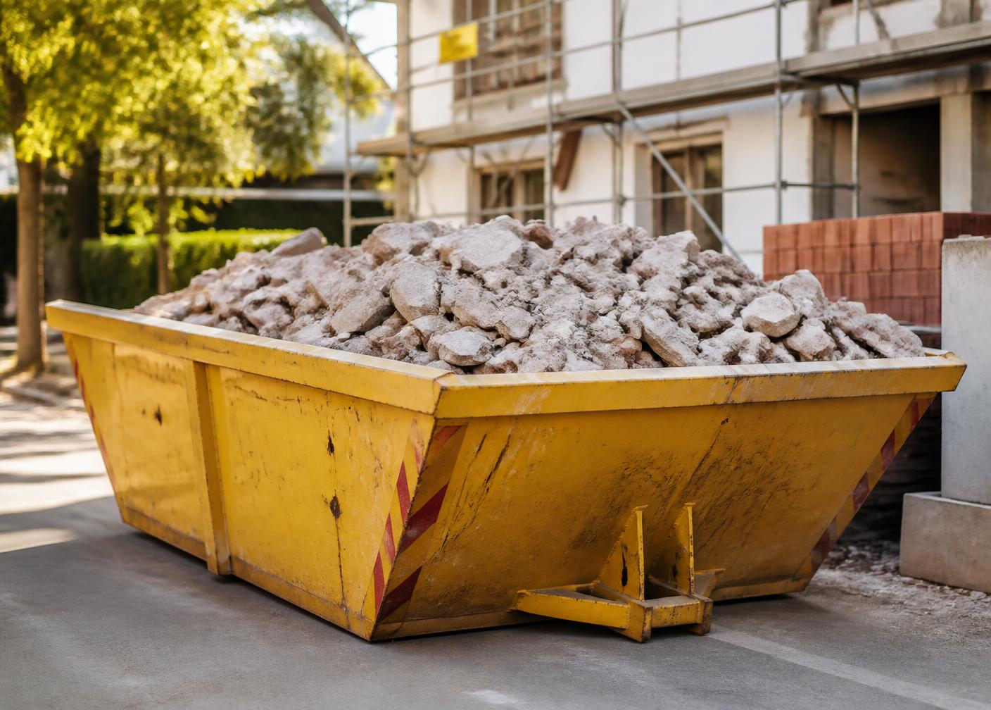 Caçamba amarela cheia de entulho em obra residencial